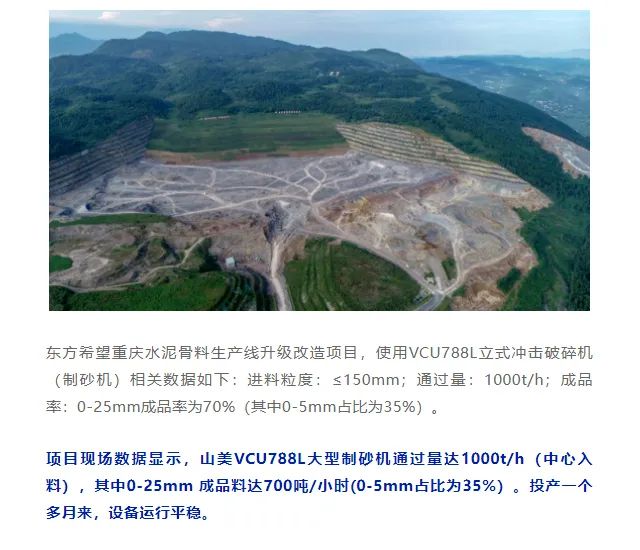 砂石协会报道！上海山美大进料、大产量立式冲击破碎机（制砂机）成功用于东方希望骨料生产线升级改造项目！